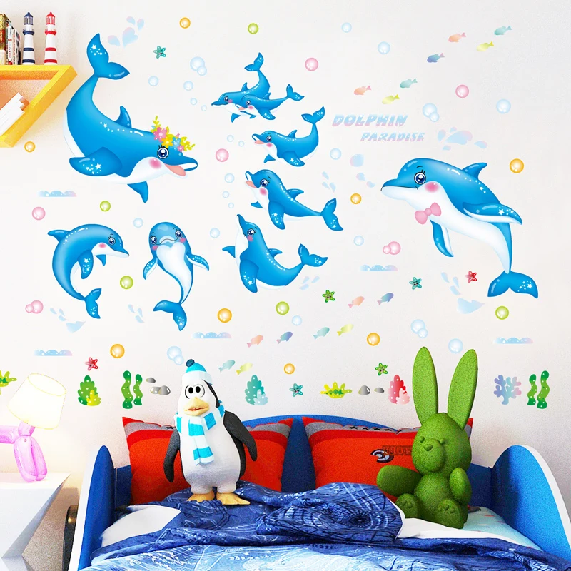 

[shijuekongjian] Dolphins Wall Stickers DIY Ocean Animals Wall Decals for Kids Room Baby Bedroom Nursery Home Decoration