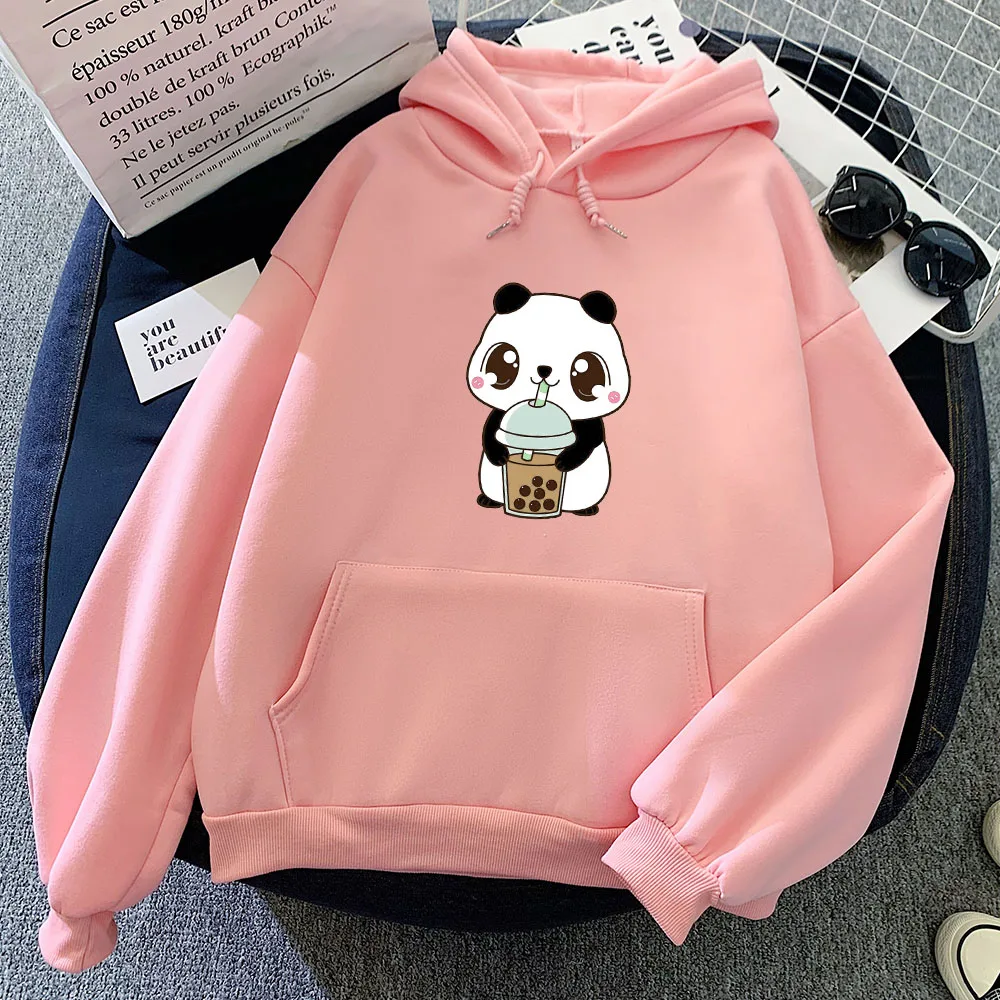 

Womens Oversize Sweatshirts Hoodies Women Hoody Little Panda Drinking Milk Tea Print Hoodie Streetwear Cute Winter Clothes