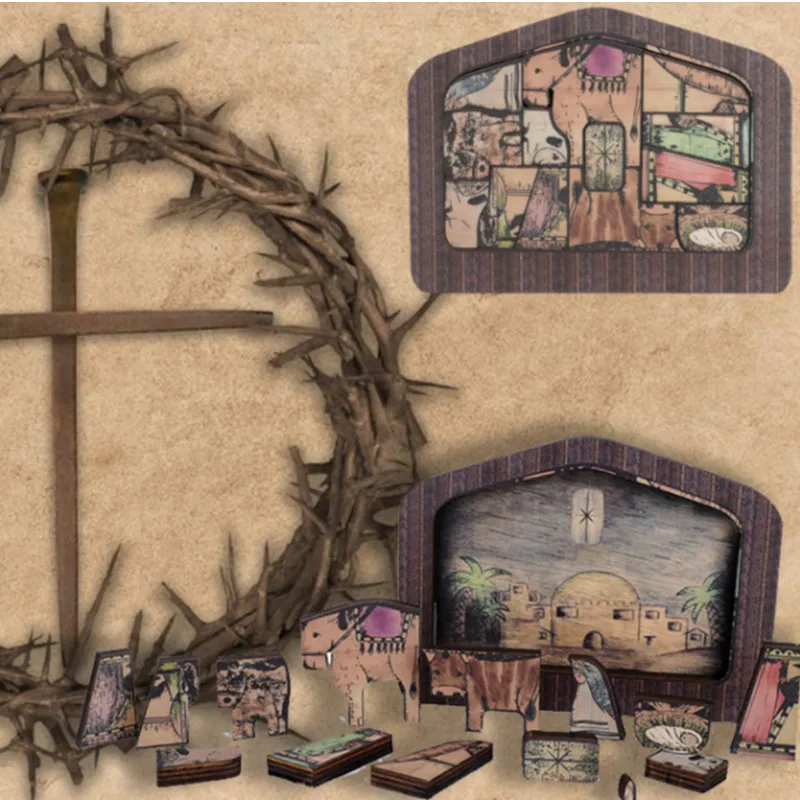 

1PC Wooden Jesus Puzzles Nativity Set Wood Burned Design Jigsaw Interactive Game Adult Kid Desk Figurines Easter Gift Home Decor