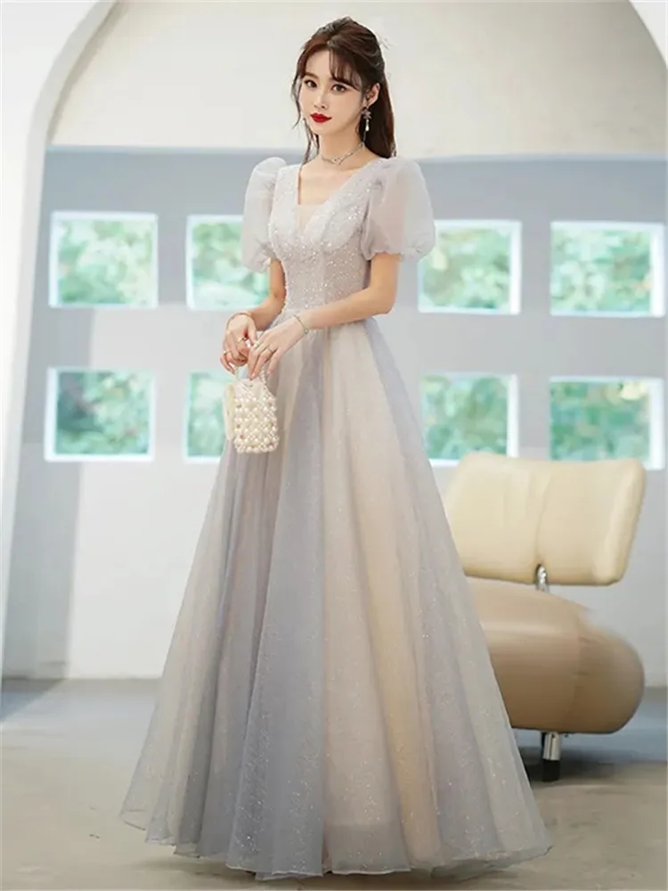 

Light Gray Dress Spring Summer Solid Color Sequin Splicing V-neck Lantern Sleeve Long A-line Skirt Fashion Female Clothing M029
