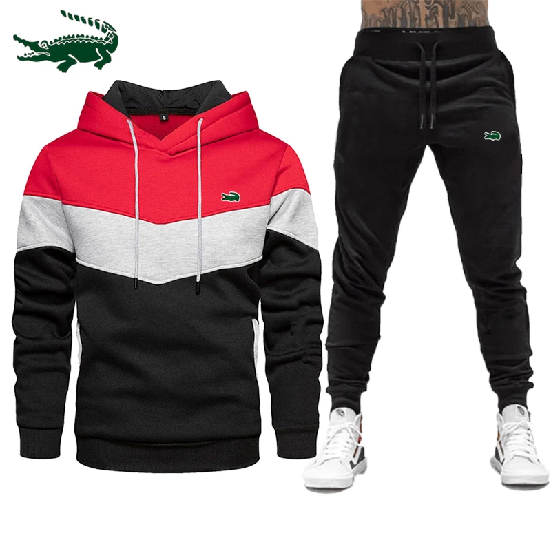 2023 New High Quality Men's Leisure Sports Color Contrast Hooded Plush Sweater Pullover+Outdoor Running Pants Set