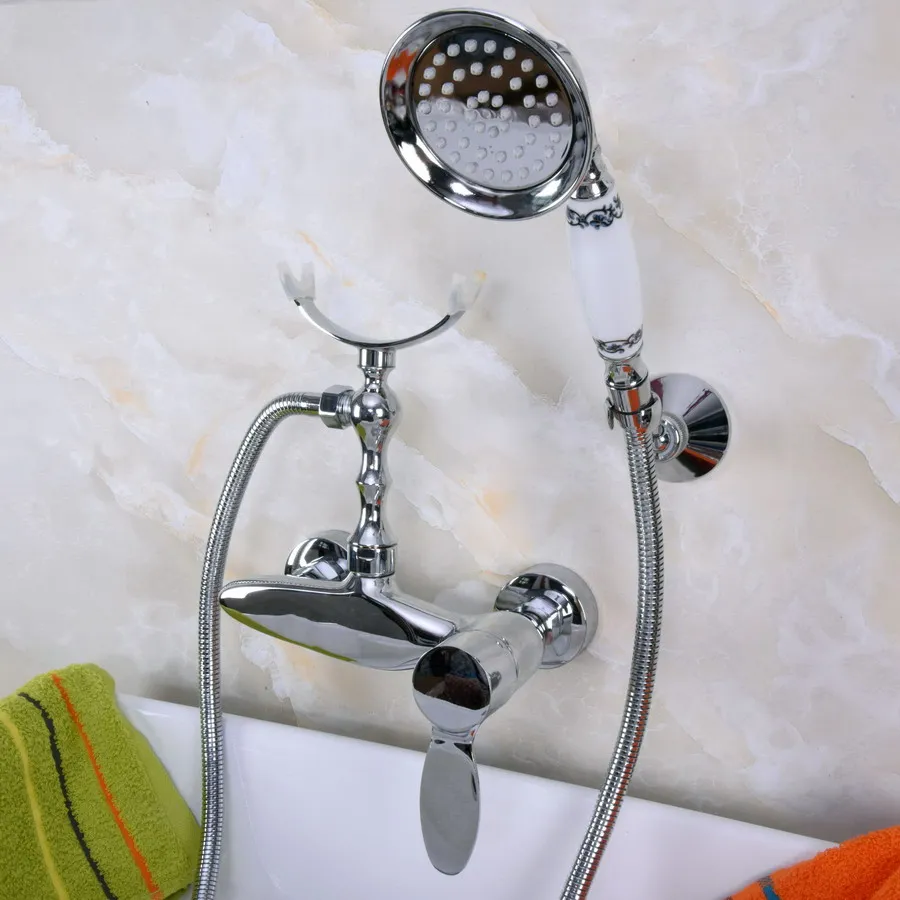 

Polished Chrome Brass Wall Mounted Bathtub Clawfoot Tub Bathroom Hand Held Shower Head Faucet Set W/ Bracket Wall Fixture ana257