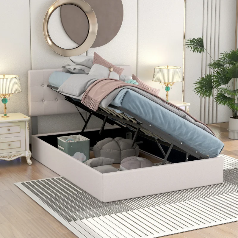 

Ull Size Upholstered Platform Bed with Underneath Storage Space\ Beige Beige Upholstered [US Stock]