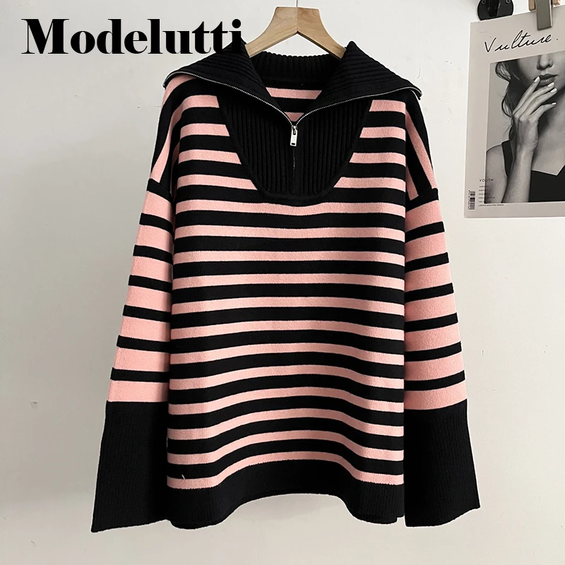 

Modelutti 2023 New Women Spring Fashion Zipper Lapel Striped Knitted Sweater Pullover Solid Loose Simple Casual Tops Female Chic