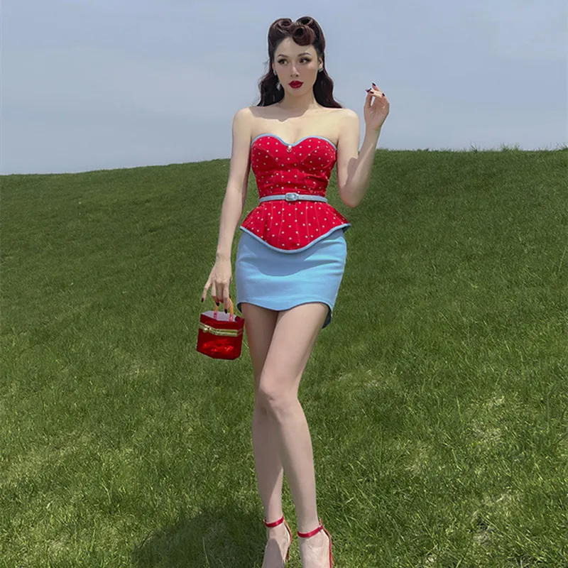 

Le Palais Vintage 2022 Spring New Original Sky Blue High Waist Wrap Hip Short Skirt Fashionable All-match Slim Chic Skirts Women