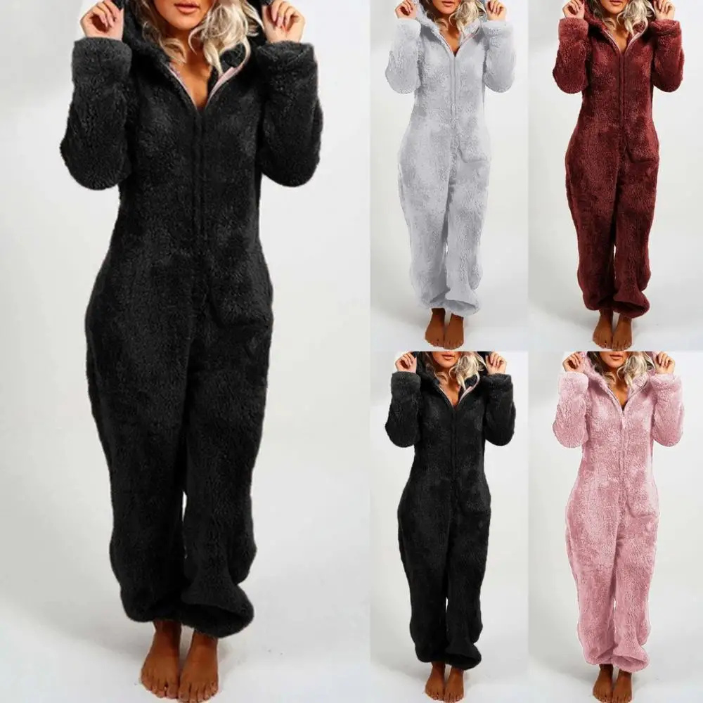

Women Warm Jumpsuits Overall Winter Pyjamas Onesizes Fluffy Fleece Sleepwear Plus Size Hood Sets Pajamas For Adult
