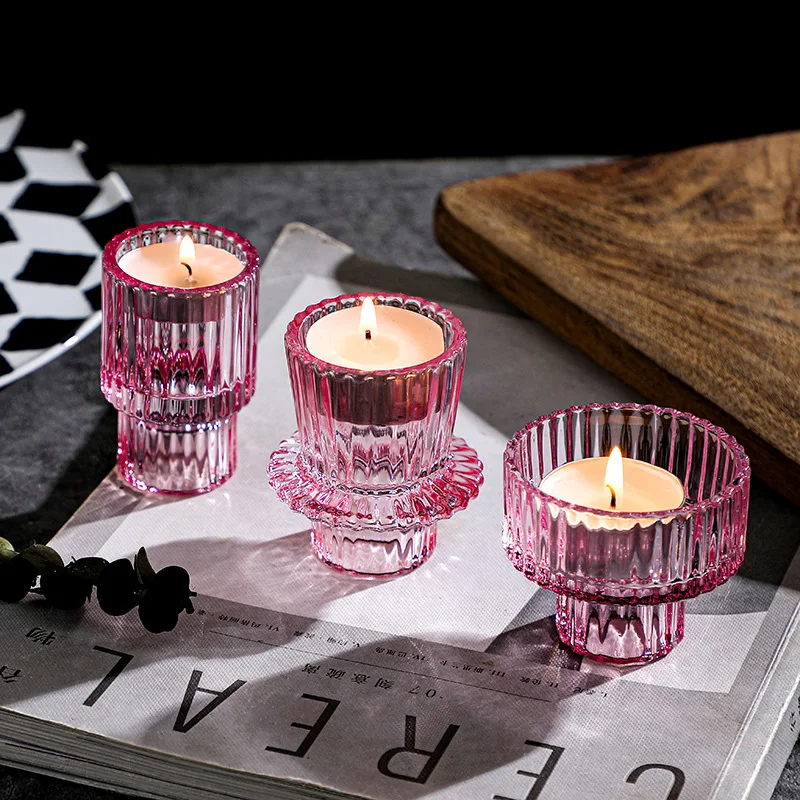 

Nordic Pink Glass Candlestick European Candles Holders Table Candle Stand Romantic Candlestick Photophor Home Decoration