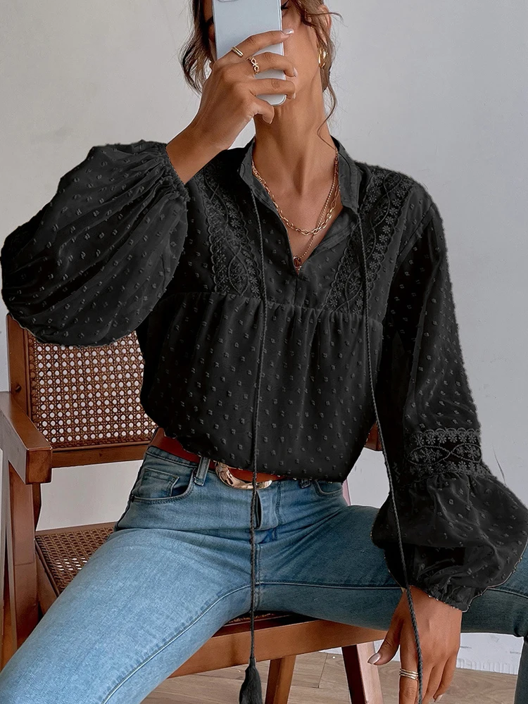 Элегантная женская винтажная блузка с рукавами-фонариками топы на шнуровке