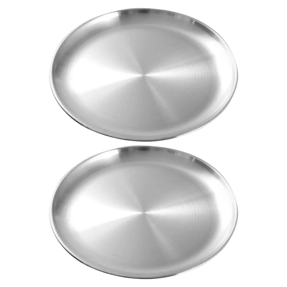 

2 Pcs Stainless Steel Plate Barbecue Camping Flatware Roast Meat Round Cake Pan Snack Tray Food Dish BBQ