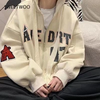 vintage letter print zip up hoodie women jacket sweatshirt oversized casual teens clothes hip hop streetwear 2022 new korean ins