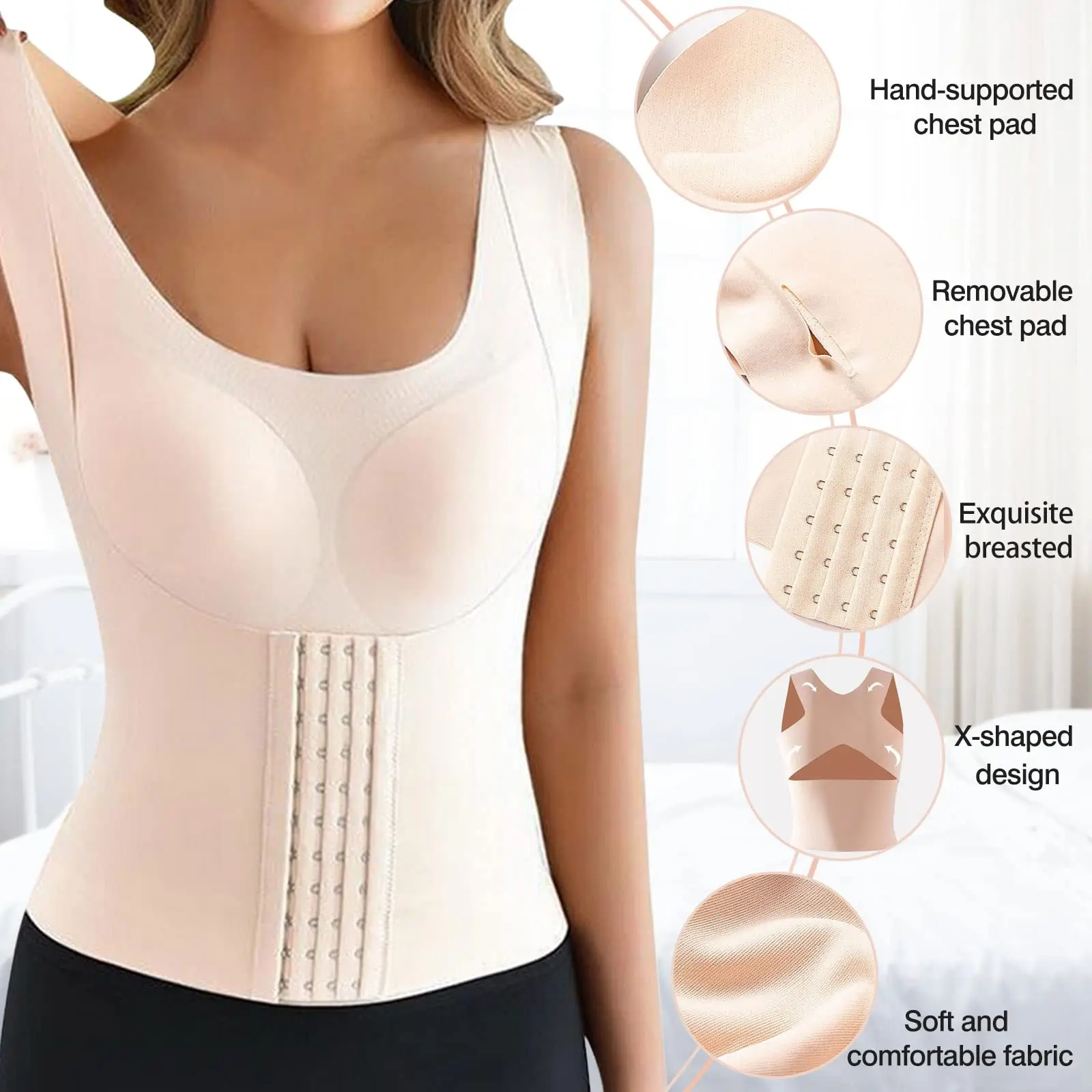 3-in-1 Waist Buttoned Bra Shapewear, Adjustable Straps Body Shaper Waist Tank Top for Women's Shapewear Yoga Workout Underwear