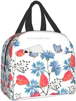 thermal floral butterfly with leaves insulated lunch bag reusable cooler tote bag with front pocket for women men travel work