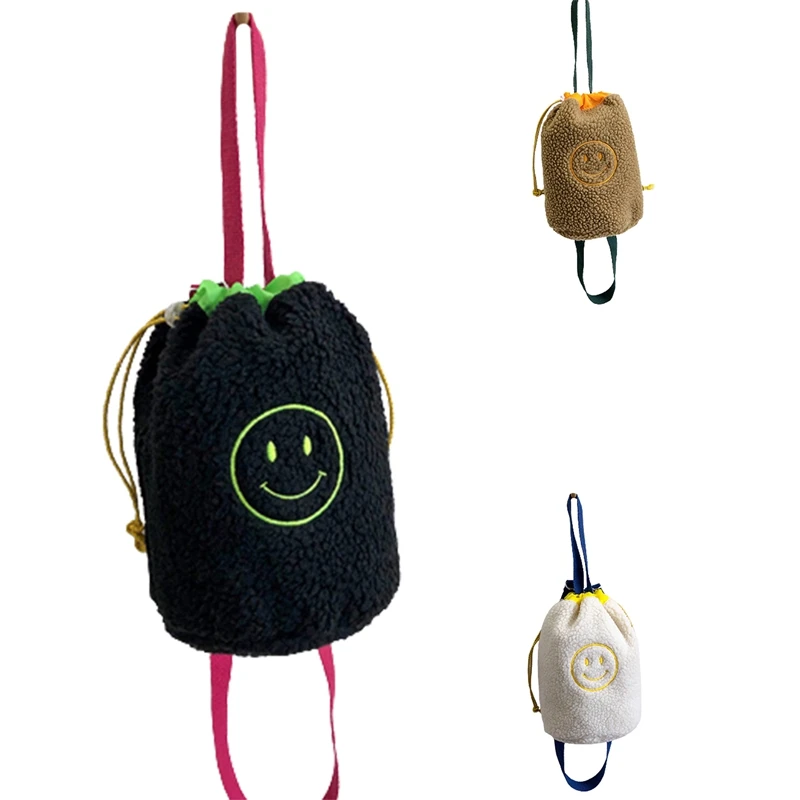 

Embroidered Shoulder Bags For Women Soft Plush Student Girls Smile Bucket Crossbody Bag Lambswool Purse Handbags