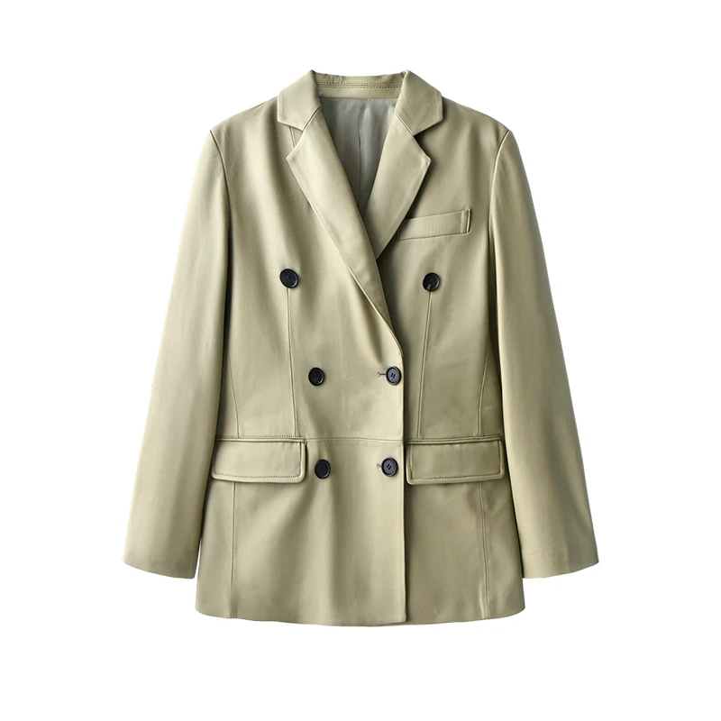 New 2022 Sheepskin Leather Jacket Women  Double Breasted  Streetwear  Pockets  Autumn/Winter  Genuine Leather Jacket