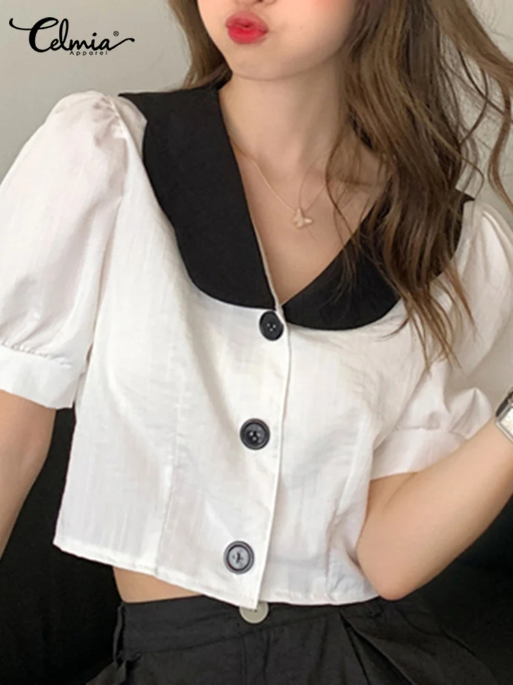 

Women Elegant Short Tops Celmia Summer Fashion Peter Pan Collar Shirts Short Puff Sleeve Blusas Korean Style Cute Blouses Femme