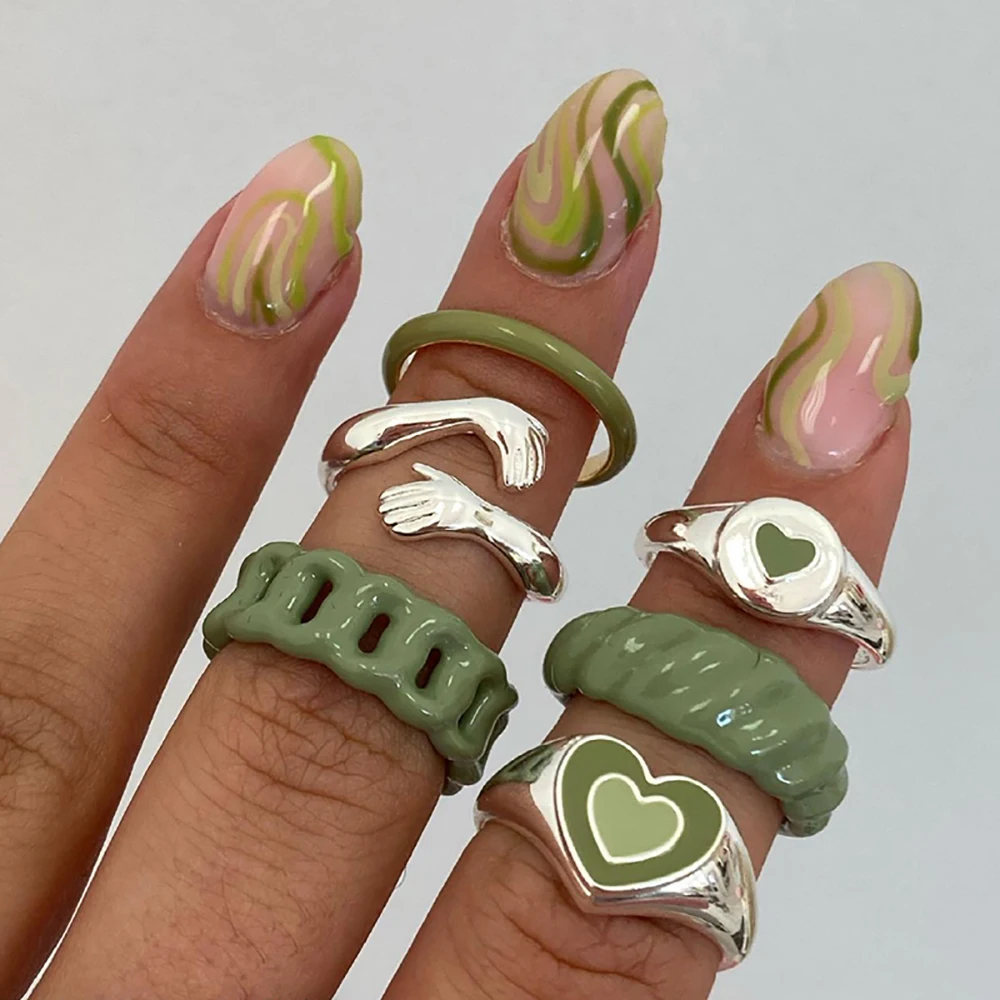 

2022 Fashion New Personality Retro Green Spray Paint Drip Oil Love Hug Ring Six-piece Party Jewelry Exquisite Gifts Wholesale