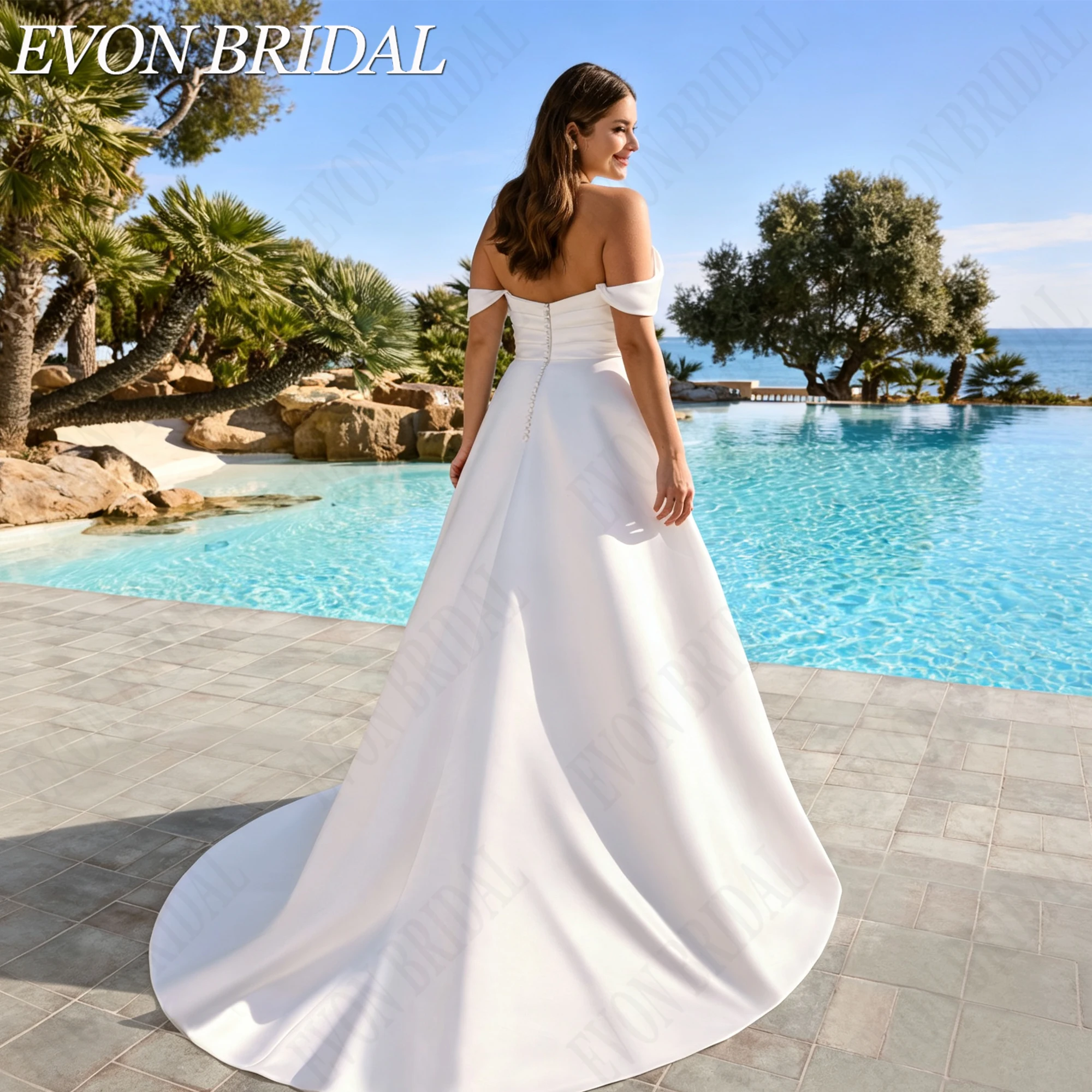 Фото EVON BRIDAL Платье невесты атласное без бретелек большие размеры съемные рукава силуэт А классическое свадебное платье на заказ для женщин роскошное атласное свадебное платье фигура А под индивидуальный пошив простое №3