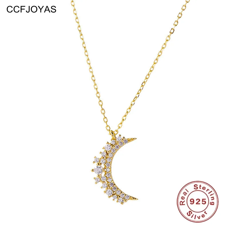 

CCFJOYAS Simple ins Inlaid Zircon Moon Pendant Necklace 925 Sterling Silver Plated 14K Gold Clavicle Chain Temperament Jewelry