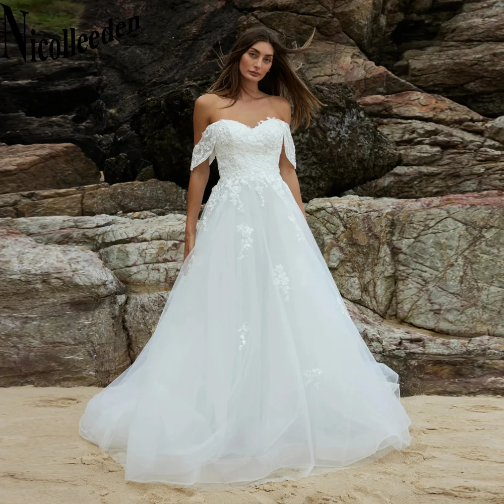 

Nicolle Vintage Sweetheart Wedding Dresses 2023 Bride Off The Shoulder Lace Appliques Tulle Zipper Court Train Robe De Mariée