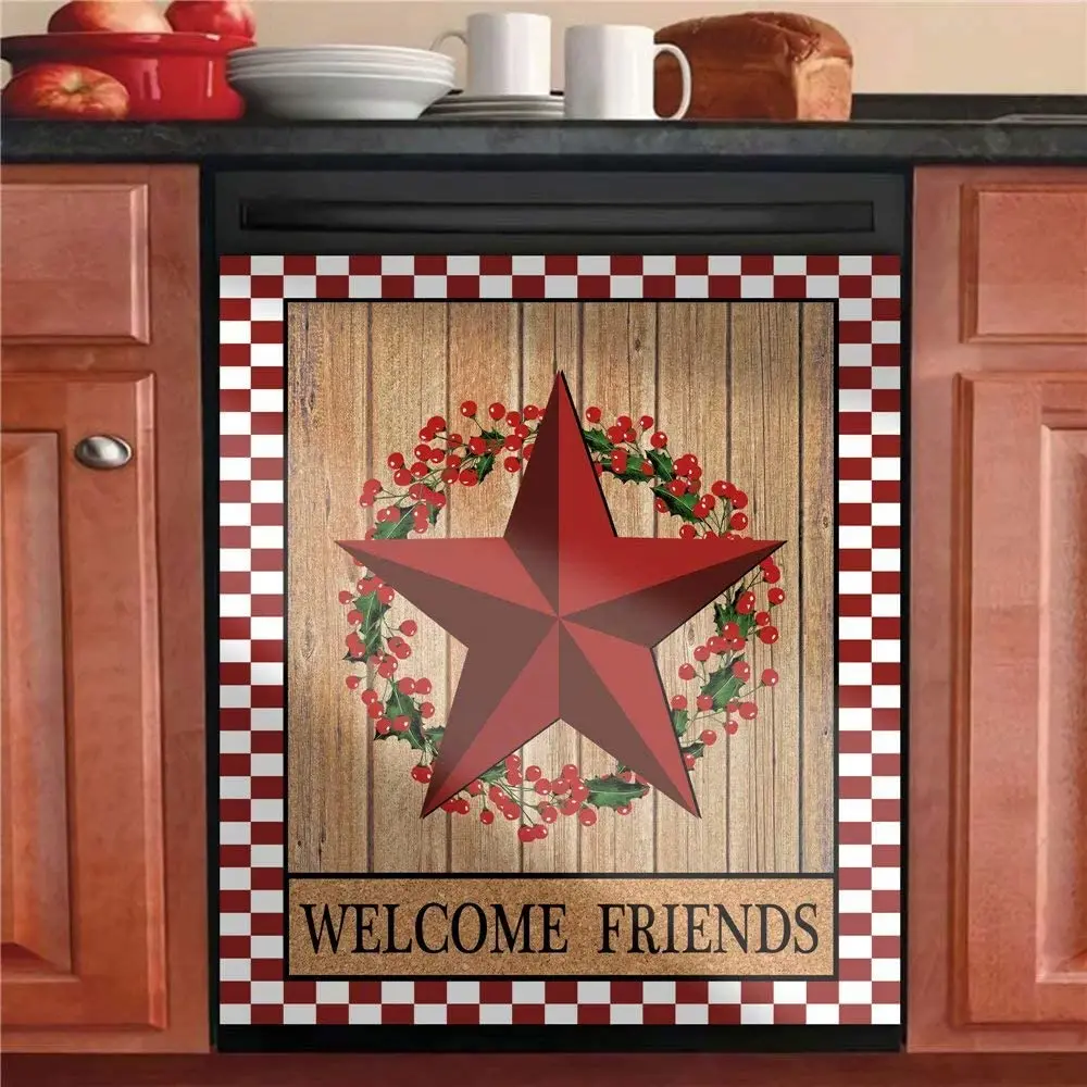 

Наклейка для посудомоечной машины Red Prim Barn Star венок, деревенская деревянная Магнитная Крышка для посудомоечной машины, клетчатая кухонная д...