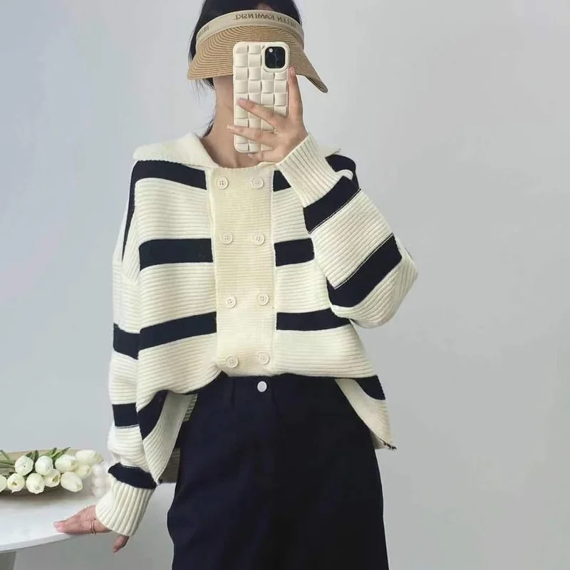 Knitted Cardigan Striped Contrast Color Knitted Top Womens Autumn and Winter French Style Fragrance Retro Lapel Sweater Coat