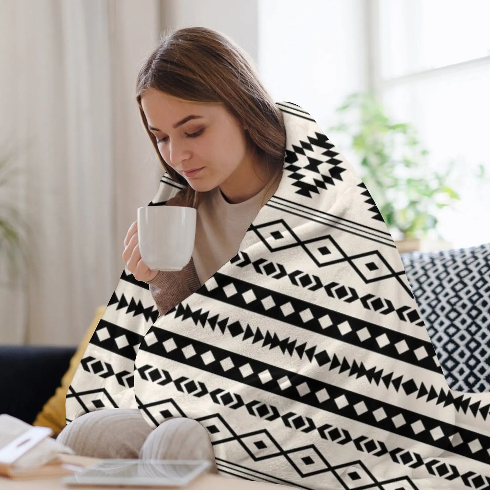 Ацтекское черное кремовое одеяло с рисунком смешанных мотивов теплое зимнее