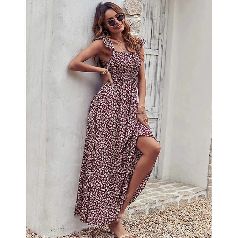 

Sweet Girl Ruffle Sleeve Floral Dress 2022 summer Women Fashion Clothing Elegant Lasy Office Slash Neck Sleeveless Long Dress
