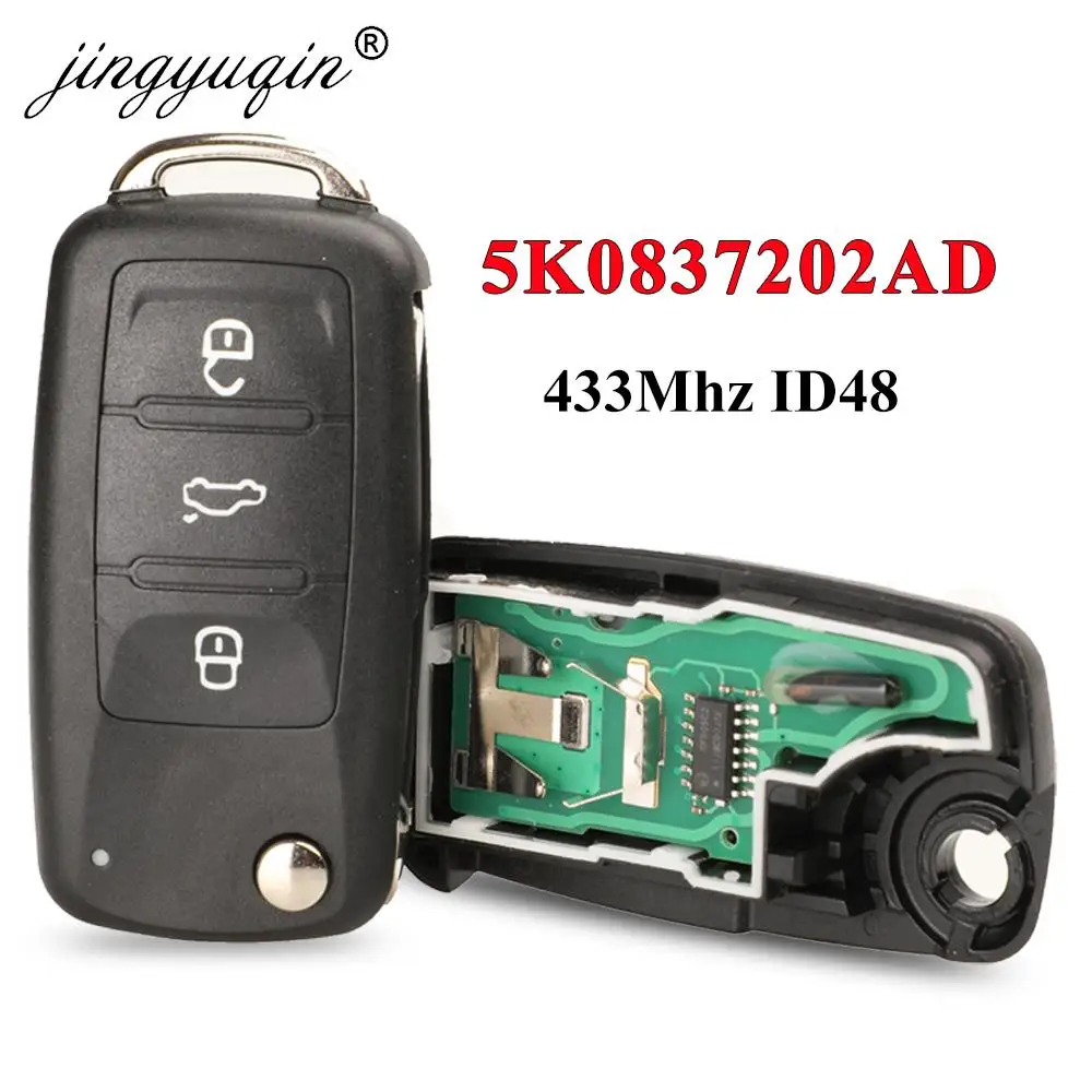 jingyuqin 3BTN Remote Flip key 434MHz ID48 Chip for VW Volkswagen GOLF PASSAT Tiguan Polo Jetta Beetle Car Keyless 5K0837202AD