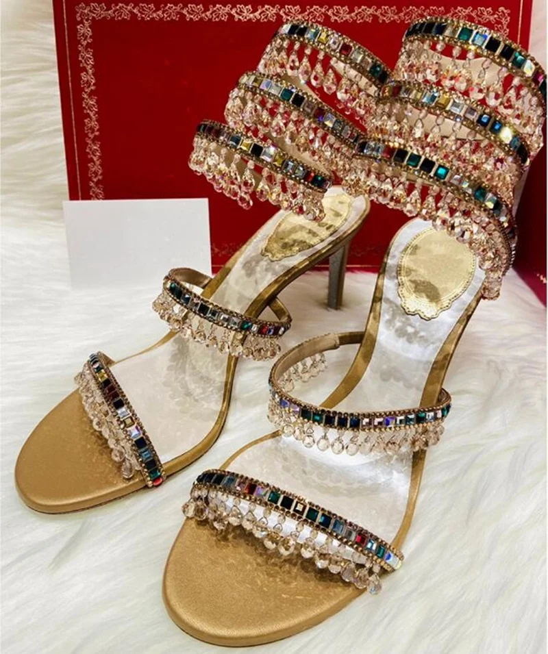 

Босоножки с бахромой, золотистыми кристаллами, со змеиным принтом, разноцветные свадебные туфли для невесты, вырезы, тонкий каблук, блестящая женская обувь