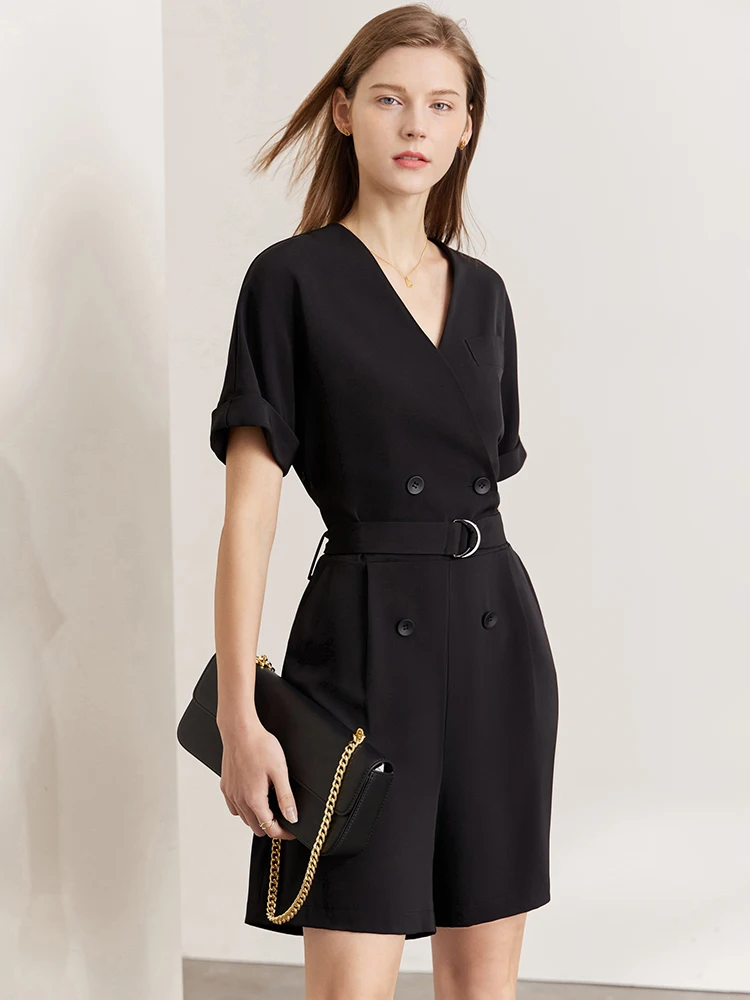 AMII Minimalism Shorts Woman Playsuit Fashion 2022 Summer Vneck Belt Romper Jumpsuit Women Straight Womens Clothing 12270162