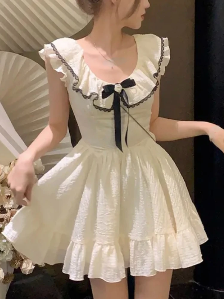 

Female Vintage Dress Bow Kawaii Fashion Sleeve Flying Korean 2023 Retro Causal Sweet Summer Color Mini Women Dress Dress Pure