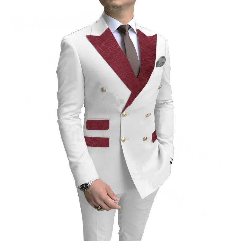 

2022 Fashion Burgundy Flower Lapel White Men Wedding Prom Dress Suits Double Breasted Men Suits Groom Party Tuxedo 2 Pieces Set