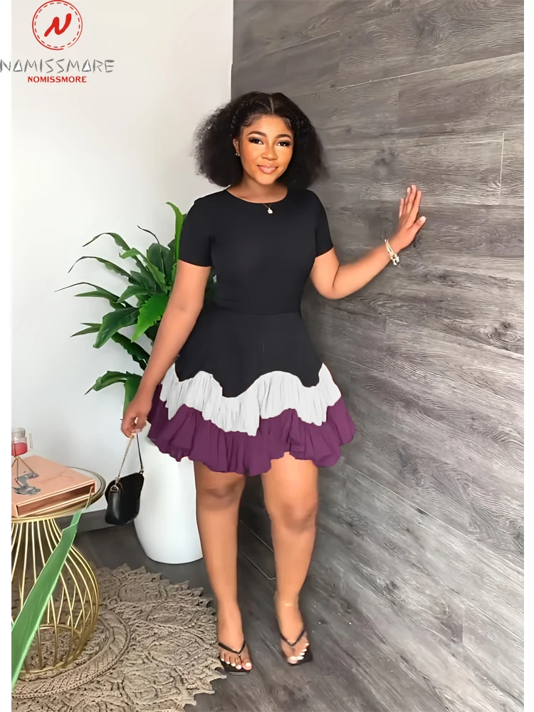 

Elegant Women Summer A-Line Dress Color Matching Design O-Neck Short Sleeve High Waist Slim Mini Dress for Streetwear