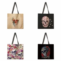 flower skull print womens shoulder bag double sided print womens handbag shopping bag foldable and reusable