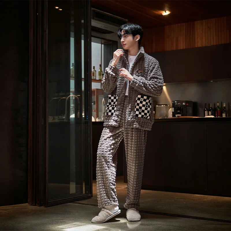 QUHENG New Flannel Men's Autumn Winter Long Sleeve Pajama Sets Thick Warm Men Sleepwear Coral Fleece Sleep Lounge Pajamas