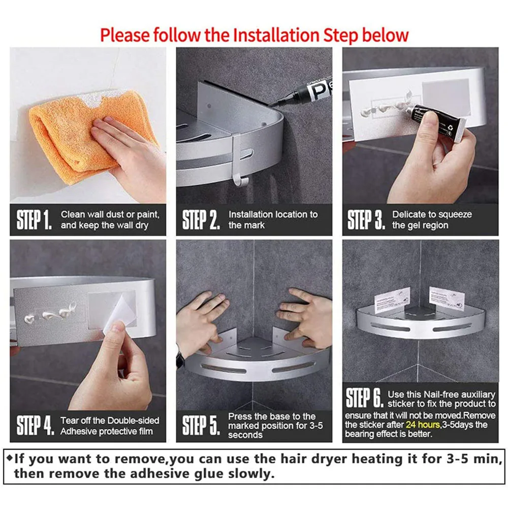 Ванная душевая корзина угловая полка из алюминия с 4 крючками, органайзер для хранения в кухне и туалете, клей, без сверления полок на.