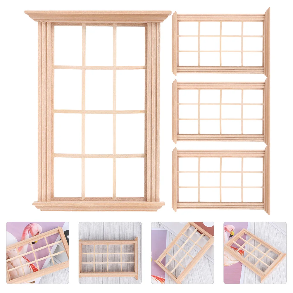 

4 Pcs Window Frame Model Baby Furniture House Accessories Blank Miniatures Supplies Things Wooden DIY Uncolored