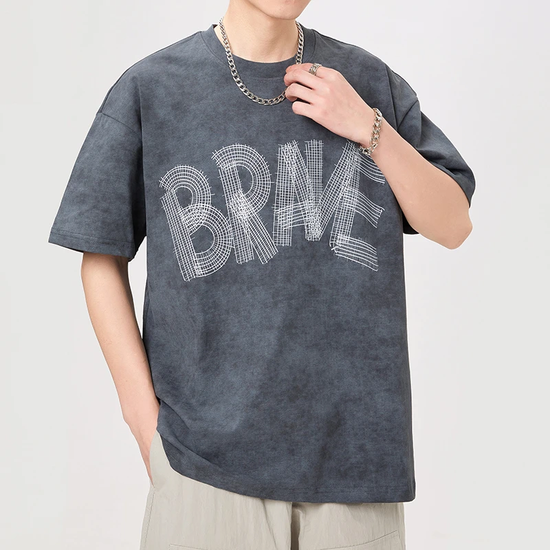 Модная и удобная свободная Мужская футболка американская вязаная иглой с