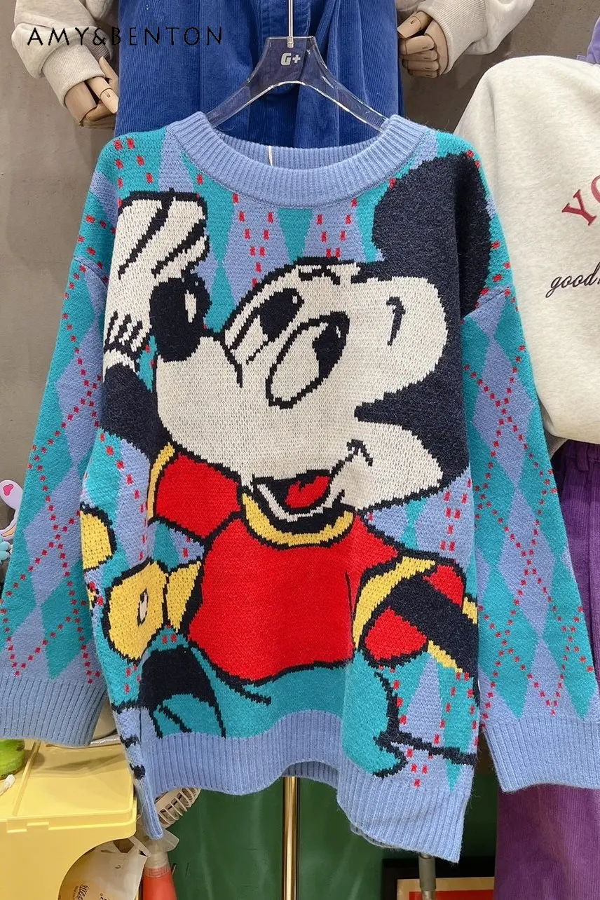 

Fashionable All-Match Loose Cartoon Round Neck Pullover Sweater Tops for Laides Casual Cute Commuter Knitted Sweater for Women