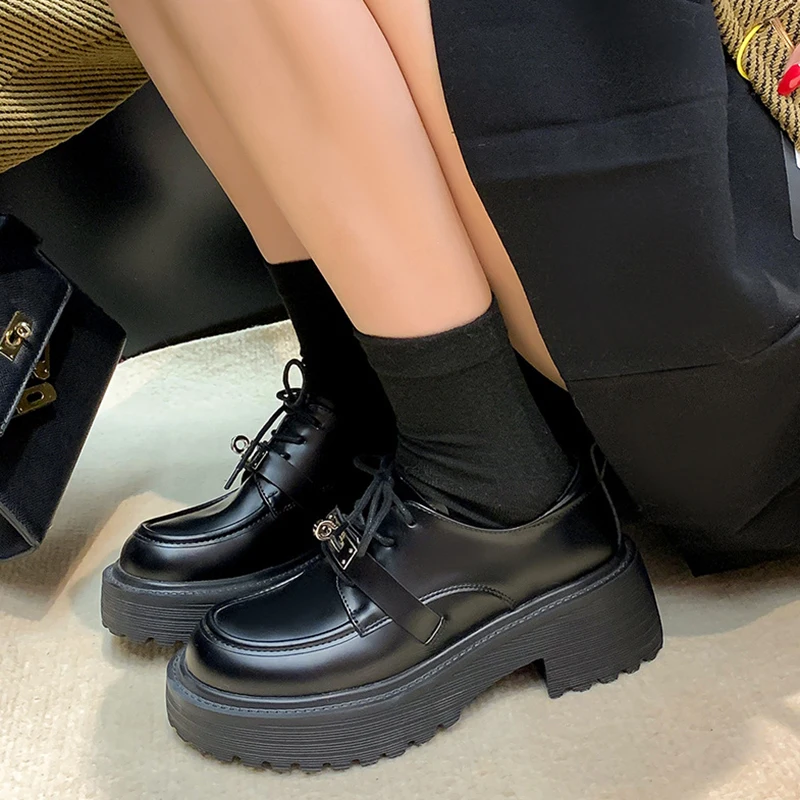 2023 Spring New Loafers Shoes Women Black High Heel British Style Leather Shoes Fashion Buckle Strap Casual Platform Shoes Woman