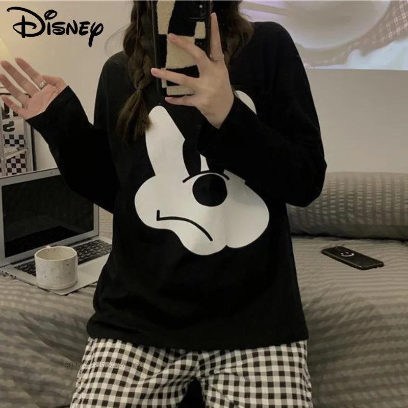 Disney Mickey Mouse Cartoon Pajamas For Women Warm Soft Cotton Y2k Aesthetic Short Pants Plaid Pijamas Sets Homewear Clothes