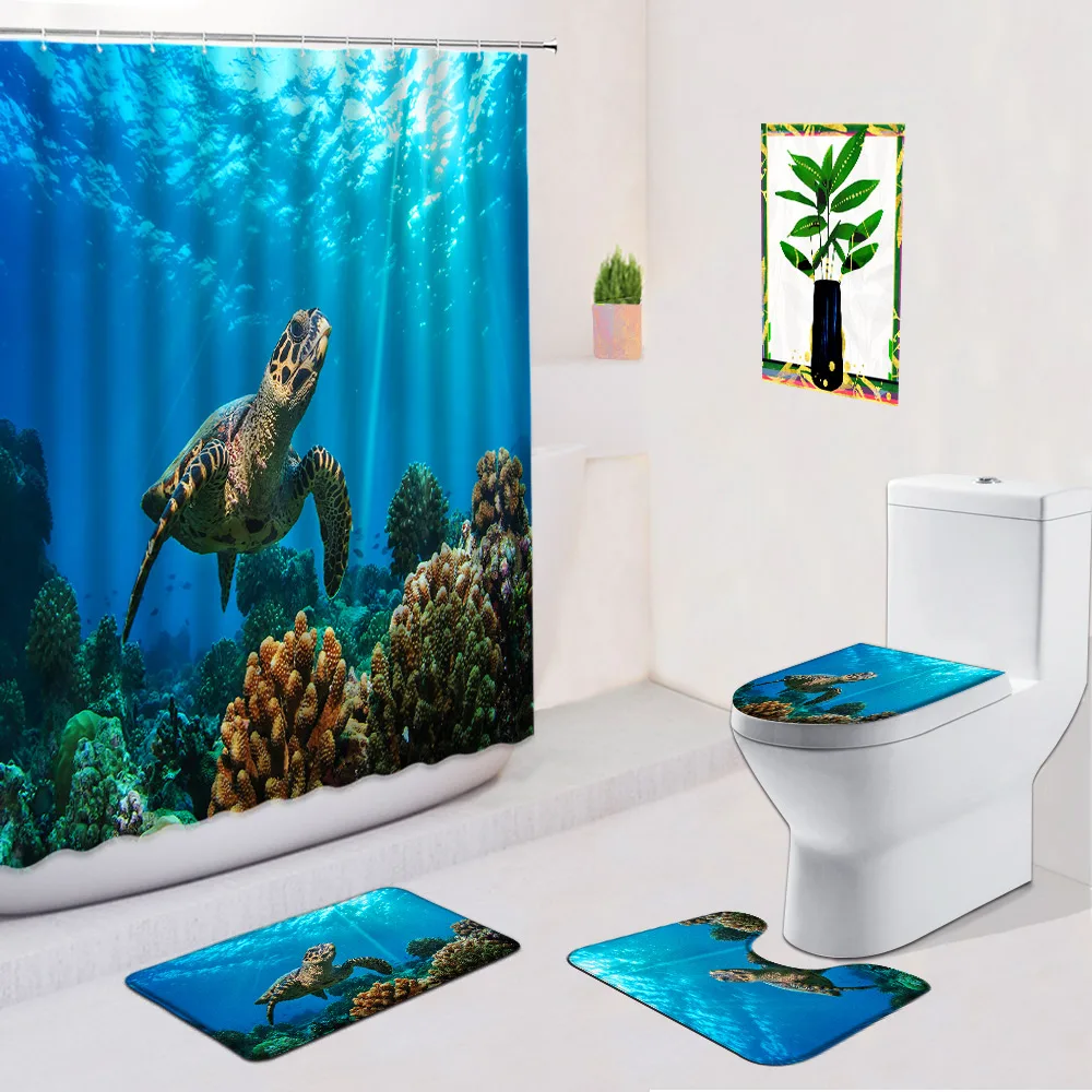 Turtle Shower Curtain Sets Blue Deep Sea Animals Coral Bathroom Decor Fabric Curtains Bath Mat Floor Rug Carpet Toilet Lid Cover