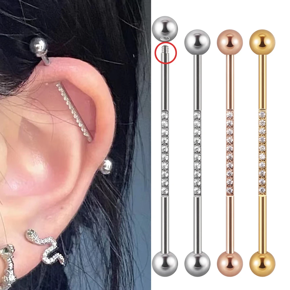 

1Pair Stainless Steel Industrial Barbell Long Bridge Silver Micro Insert Zircon Earring Transversal Women Body Piercing Jewelry