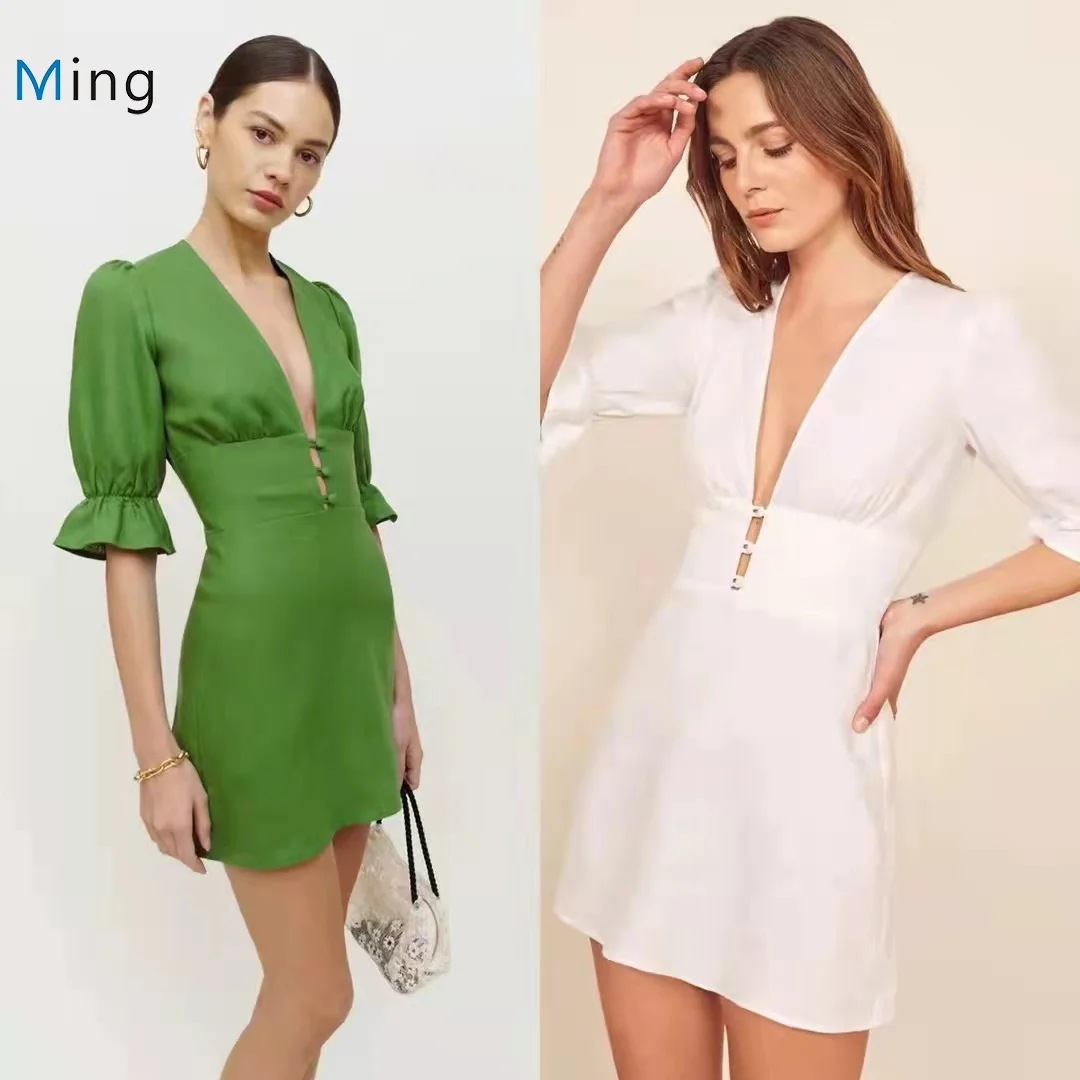 

Women Sexy Deep V Neck Puff Short Sleeve Pure Color Linen Dress