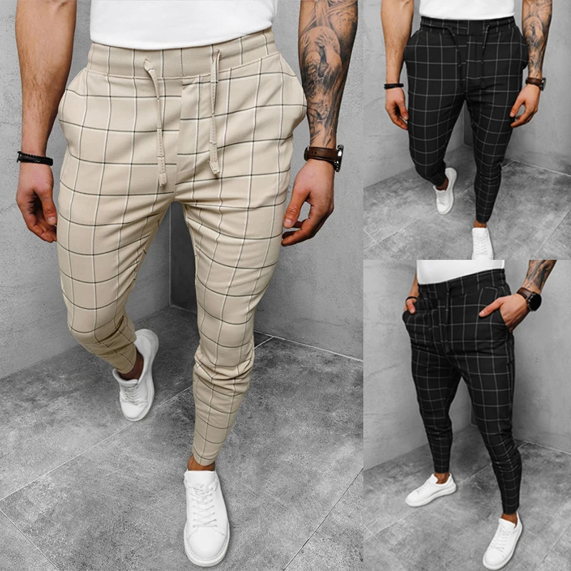 

New Men's Fashion Long Pants Casual Skinny Plaid Pants Men Bussiness Trousers Elastic Waist Drawstring Pants