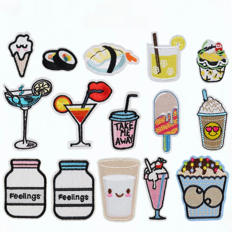 

50pcs/Lot Luxury Embroidery Patch Milk Lemon Milk Tea Wine Glass Popcorn Sushi Ice Cream Clothing Decoration Craft Diy Applique