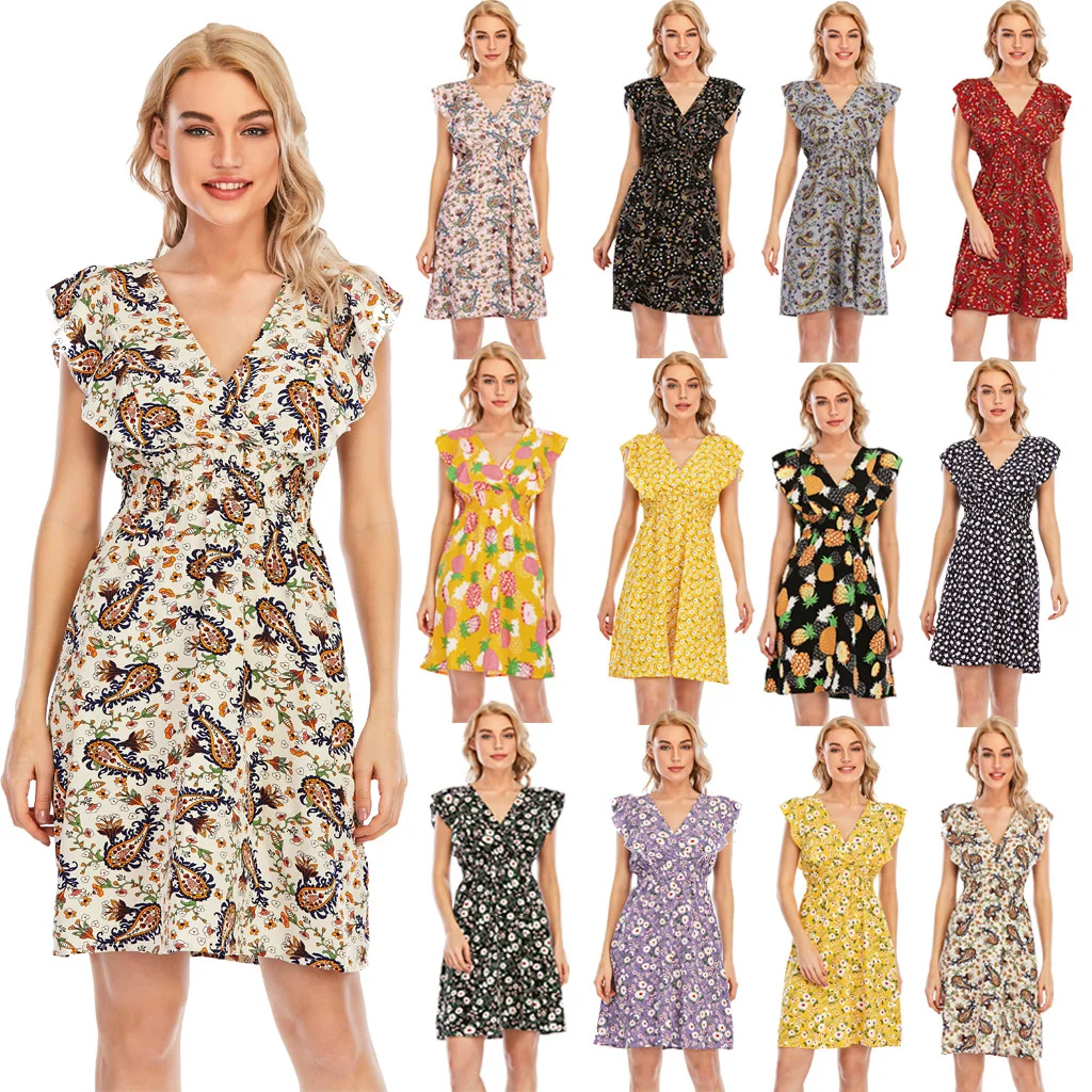 

Swintager summer new V-neck Chiffon printed Ruffle sleeveless dress beach skirt