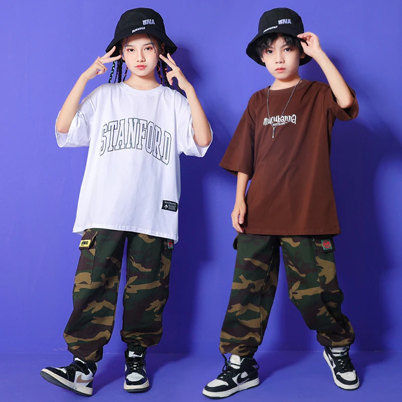

Kids Hip Hop Clothing Teenage Rave Outfits Loose Tshirt Tops Camo Pants For Girls Boys Jazz Dance Costumes Show Street Clothes
