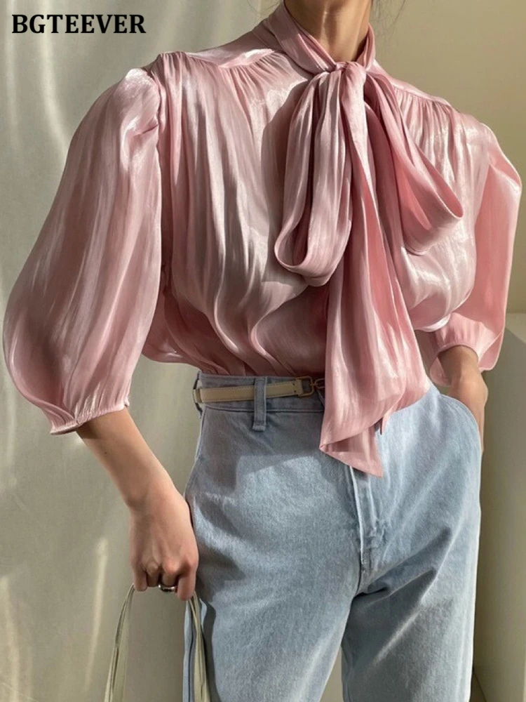 

Стильные женские атласные блузки на шнуровке BGTEEVER, свободные женские пуловеры с длинным рукавом, рубашки, женские топы на весну и лето 2022