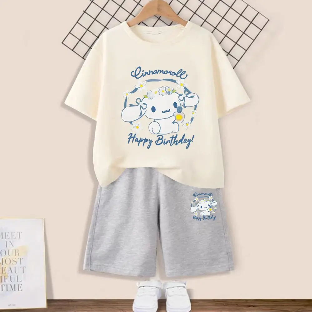 

Kawaii Cinnamoroll мультфильм аниме девочка летний хлопковый комплект новая милая аниме одежда тонкие шорты с коротким рукавом комплект из двух час...